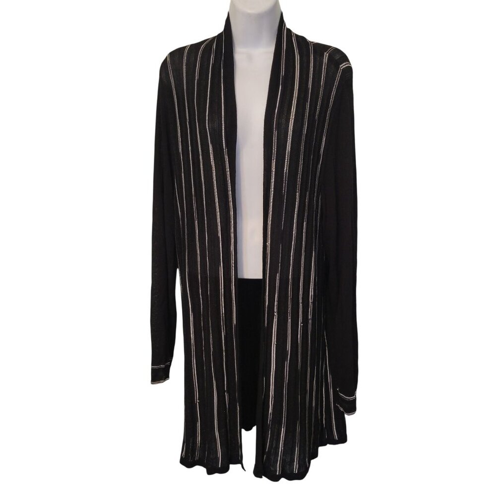 Chicos Travelers‎ 2 Black Stripe Open Front Long Duster Cardigan Sweater L 12